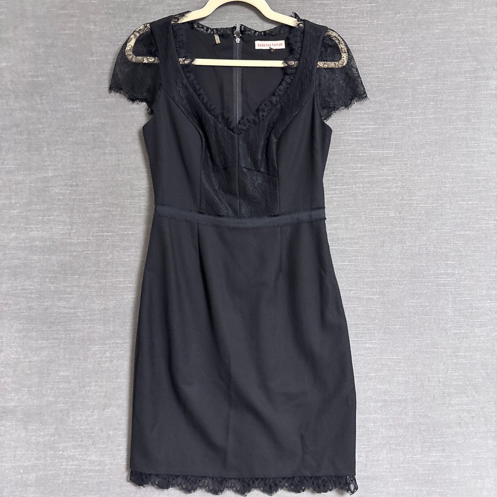 Rebecca‎ Taylor Dress 4 Black Lace Wool Shift Cocktail LBD Party Elegant Classic